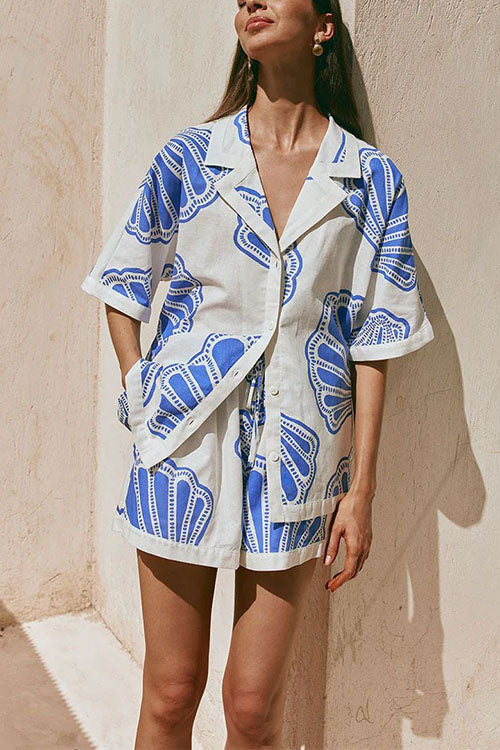 GR | Rosiedress V-neck short-sleeved shirt and shorts with drawstring waist, shell print set
