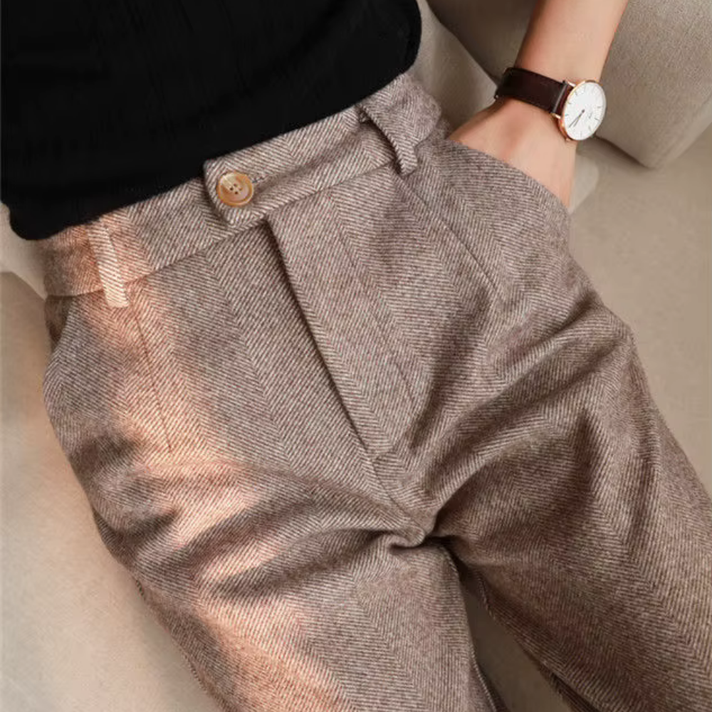 GR | Elegante Hochbund Hose Aus Fischgrät Stoff