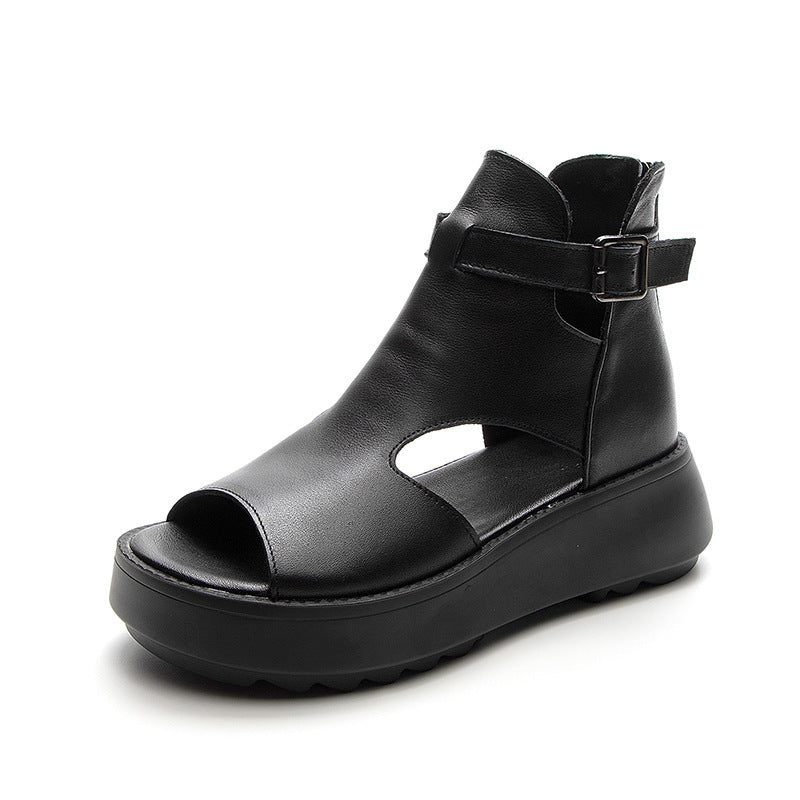 GR | Summer New Retro First Layer Cowhide Back Peep Toe Sandals for Women
