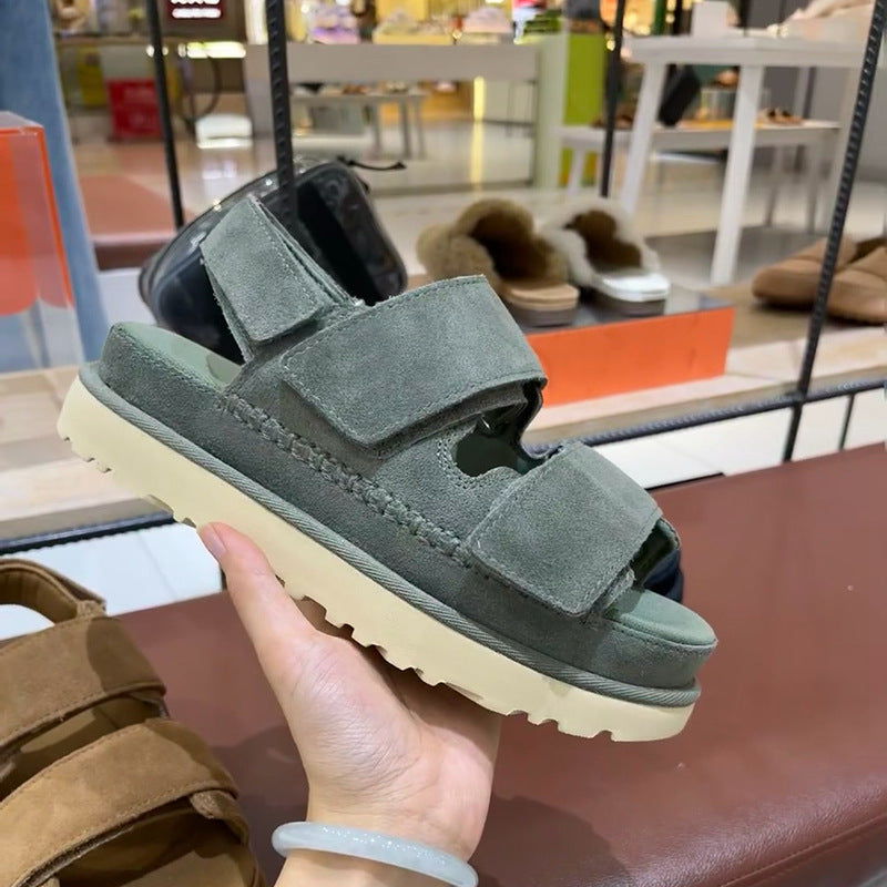 GR | Spring and Summer New Genuine Leather Thick Sole Strappy Velcro Sandals Women's Open Toe Height Increase
