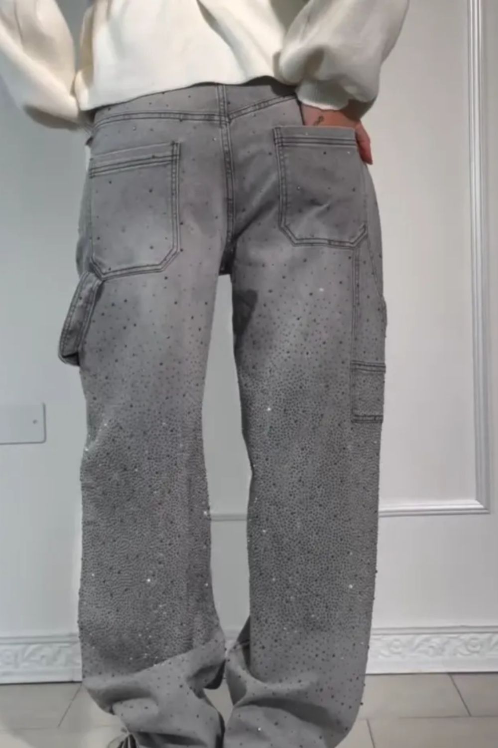 GR | Women's Washed Jeans with Rhinestone Details, Wide Fit