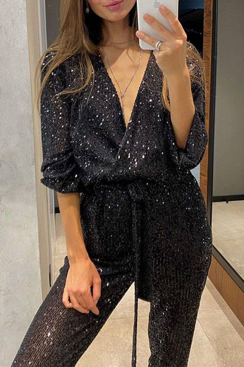 GR | Rosiedress Wrap V-Neck Tie Belt Sequin Jumpsuit
