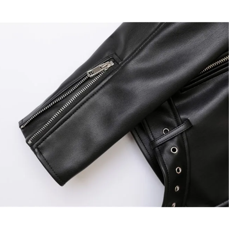 GR | Women's biker leather jacket with zippers and belt