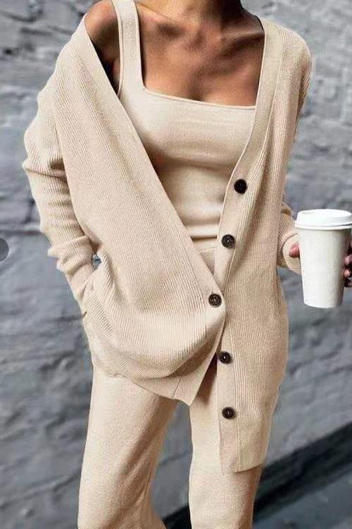 GR | Rosiedress Wide Strap Tank Top, Button-Down Cardigan and Long Trousers 3 Piece Lounge Suit Set