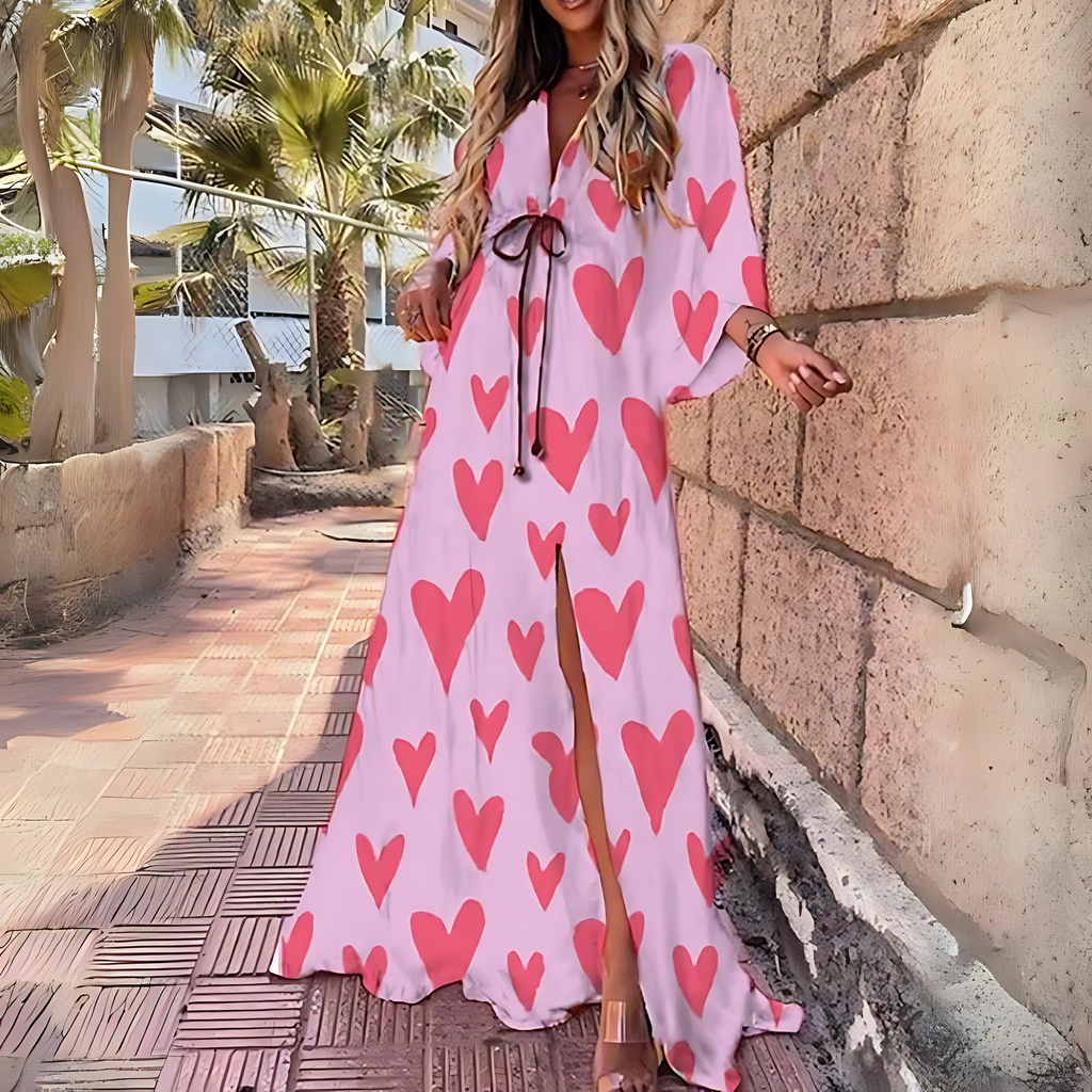 GR | Luxuriöses Langärmeliges Boho Drucken Langes Kleid mit Gürtel