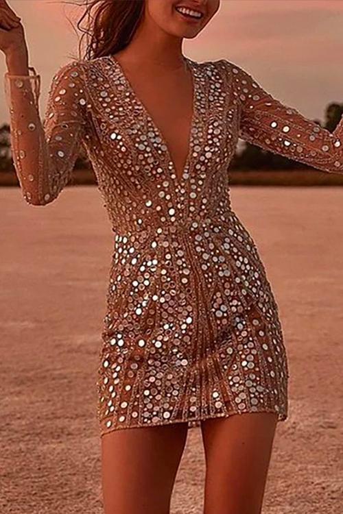 GR | Rosiedress Tiefer V-Ausschnitt Netzärmel Mini Pailletten Clubkleid