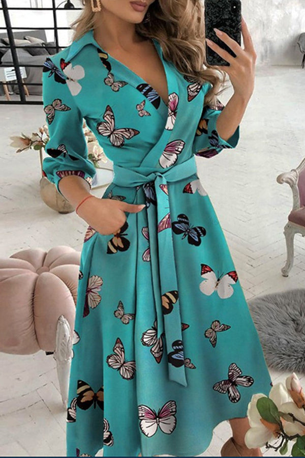 GR | Finde Dich Gut Bedrucktes Gürtel Hemd Midi Kleid