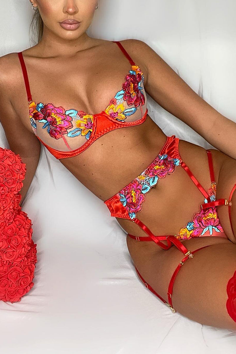 GR | Satin Sheer Floral 3 Piece Lingerie Set