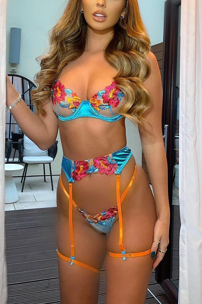 GR | Satin Sheer Floral 3 Piece Lingerie Set