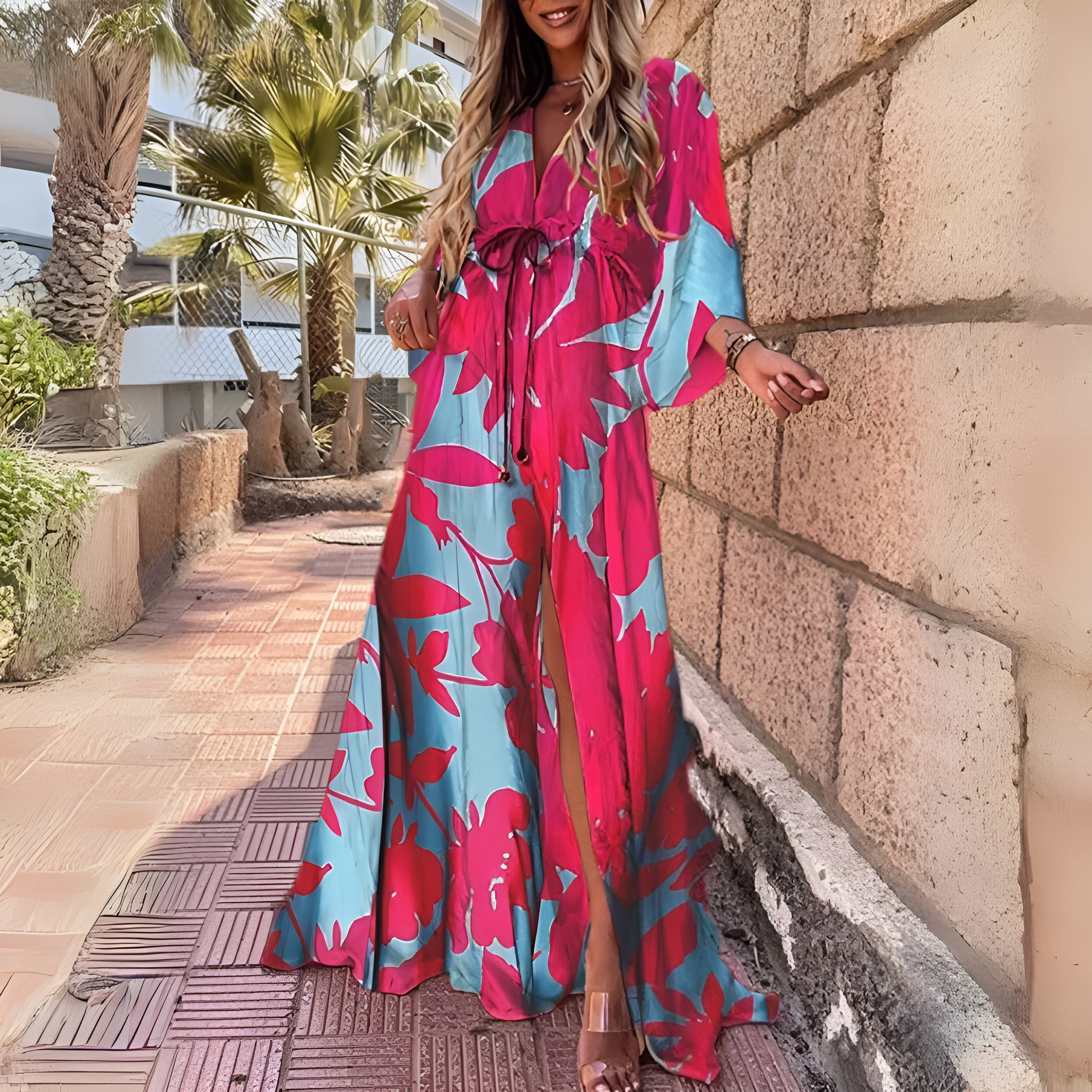 GR | Luxuriöses Langärmeliges Boho Drucken Langes Kleid mit Gürtel