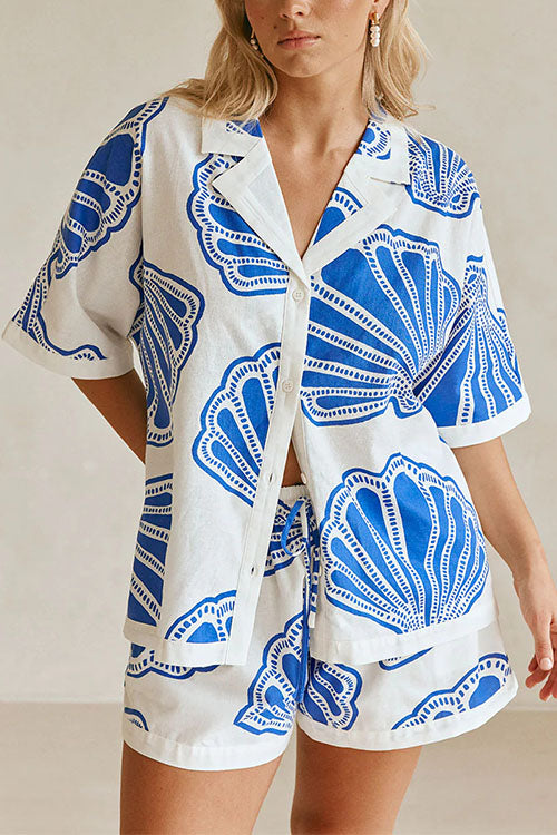 GR | Rosiedress V-neck short-sleeved shirt and shorts with drawstring waist, shell print set