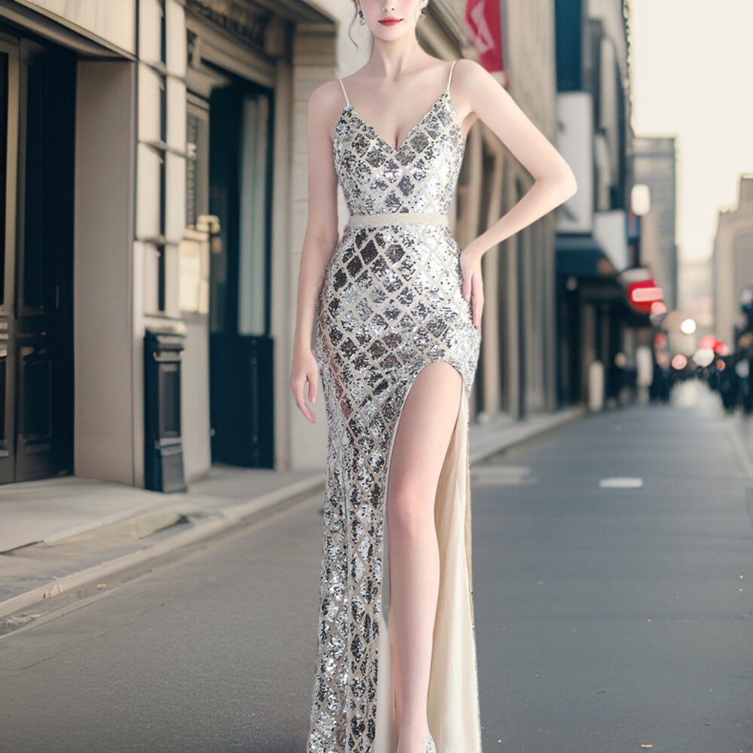 GR - Luxurious sequined dress with side slit 