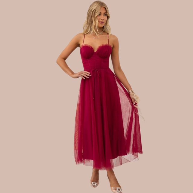 GR | Spaghetti-Träger-Tüll-Midikleid