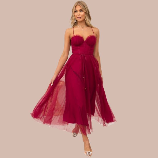 GR | Spaghetti-Träger-Tüll-Midikleid