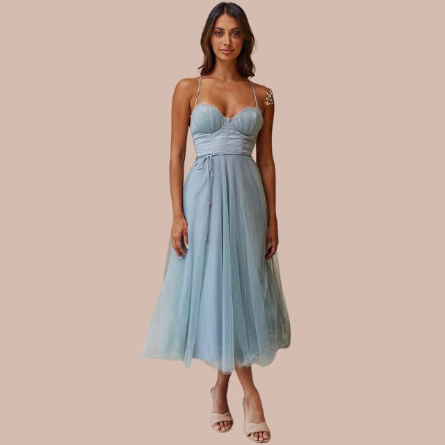 GR | Spaghetti-Träger-Tüll-Midikleid