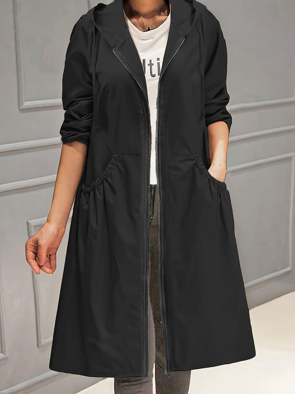 GR | Women's Casual Long Jacket with Hood and Zipper