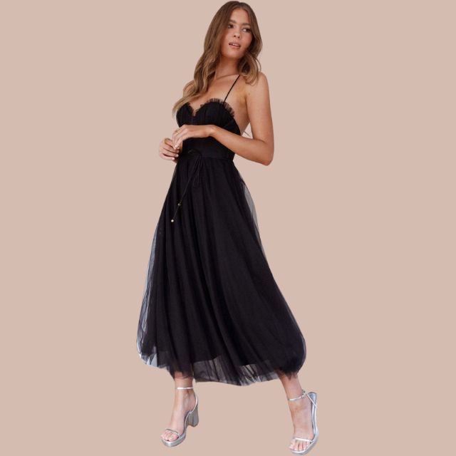 GR | Spaghetti-Träger-Tüll-Midikleid