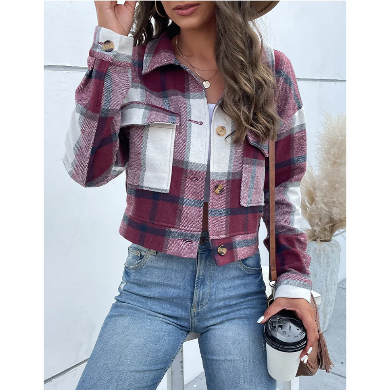 GR | Long-sleeved bomber jacket with check pattern and buttons