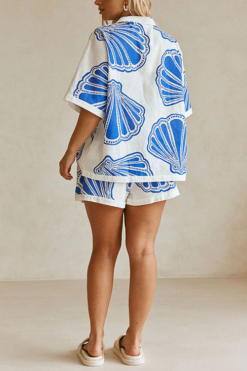 GR | Rosiedress V-neck short-sleeved shirt and shorts with drawstring waist, shell print set