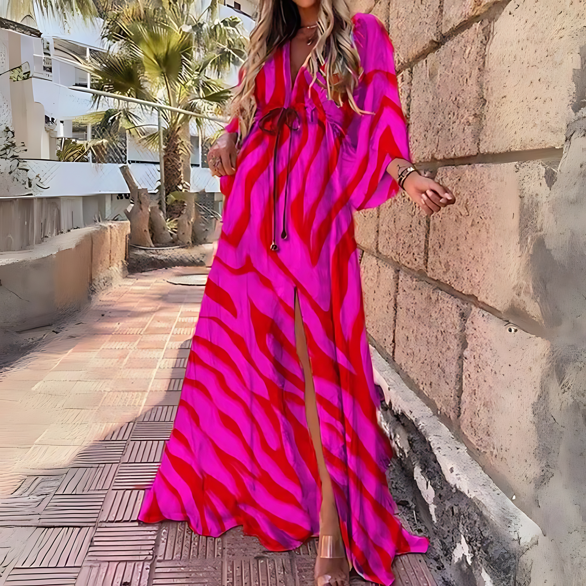 GR | Luxuriöses Langärmeliges Boho Drucken Langes Kleid mit Gürtel