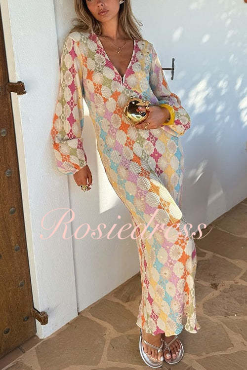 GR | Rosiedress V-neck lantern sleeve geometric print maxi dress