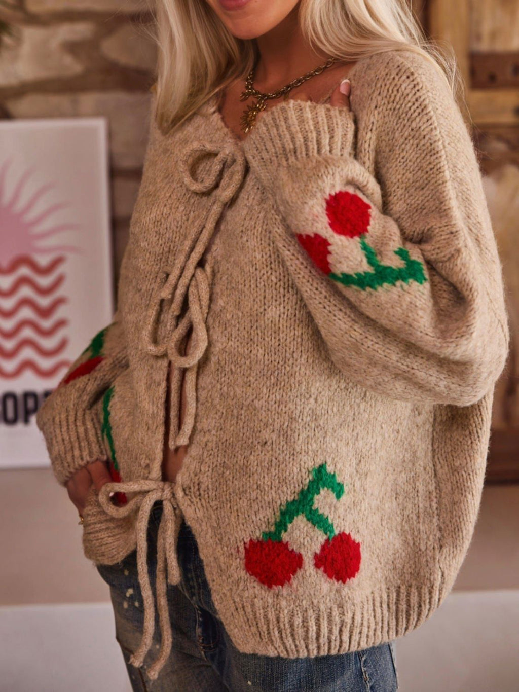 GR | Gebundene Kirsche Rundhalsausschnitt Langarm Cardigan