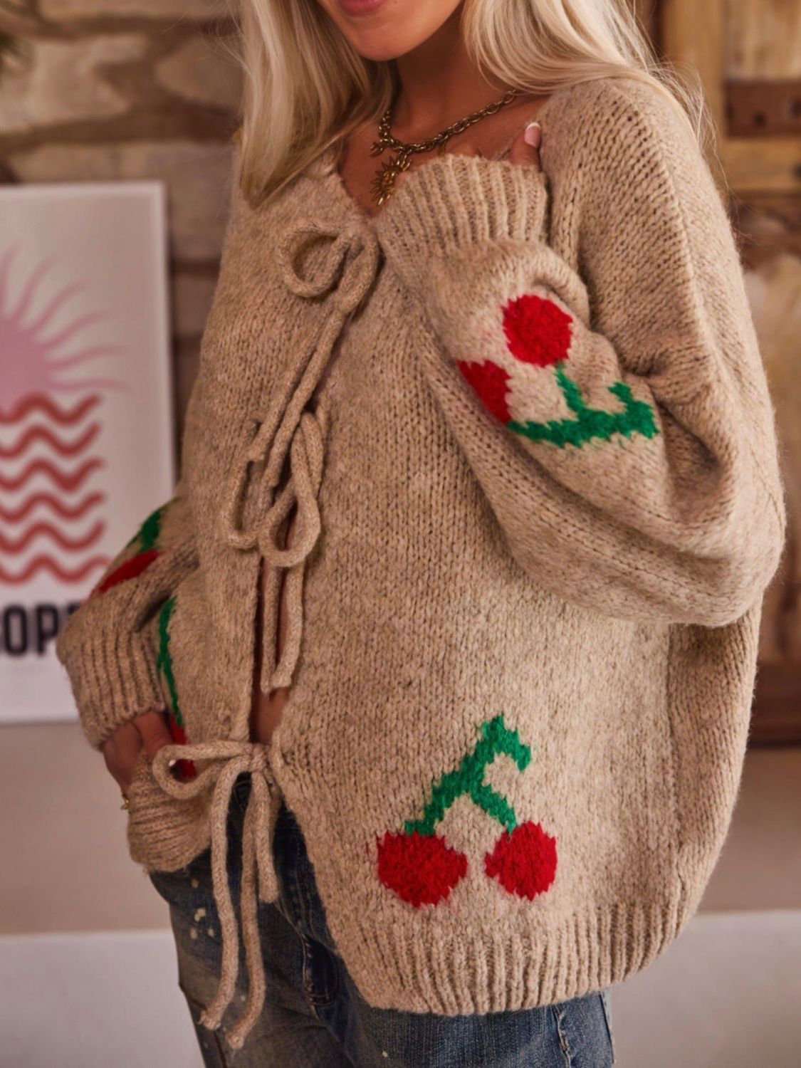 GR | Gebundene Kirsche Rundhalsausschnitt Langarm Cardigan
