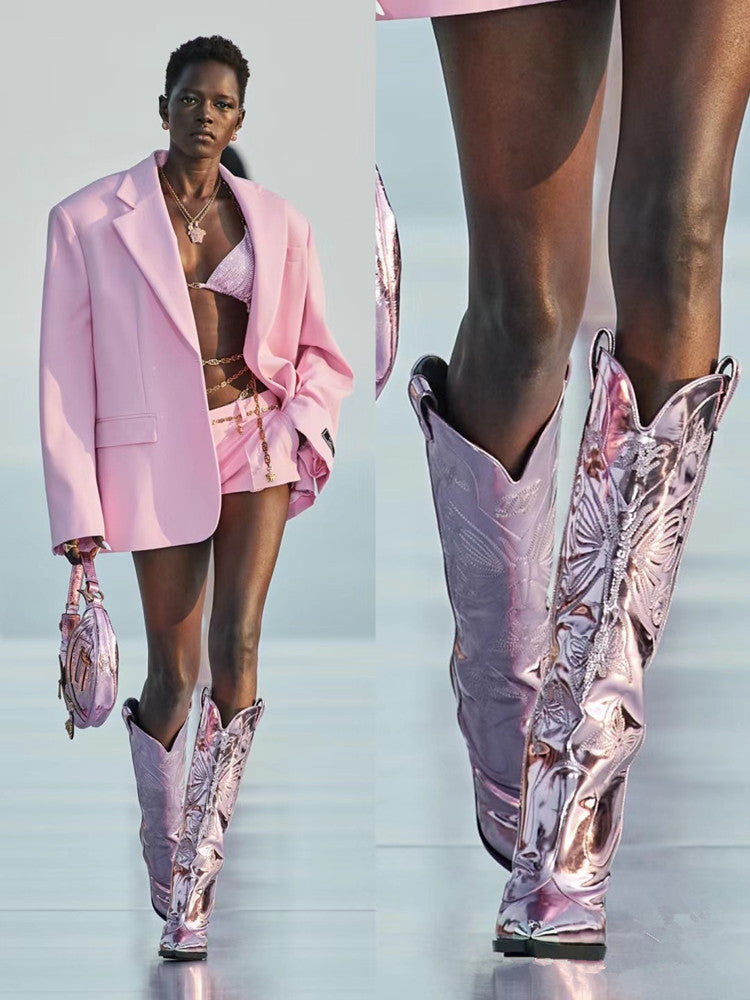 GR | Women's High-Heeled Metal Pointed Toe Bow Embroidered Boots