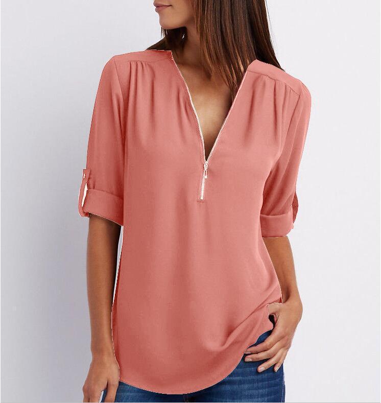 GR Short-sleeved shirt with zipper and V-neck - Loose tops
