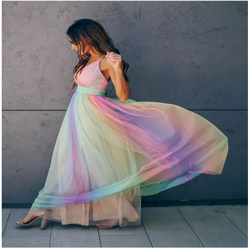GR | Regenbogen Netzkleid Für Damen Mit Trägern