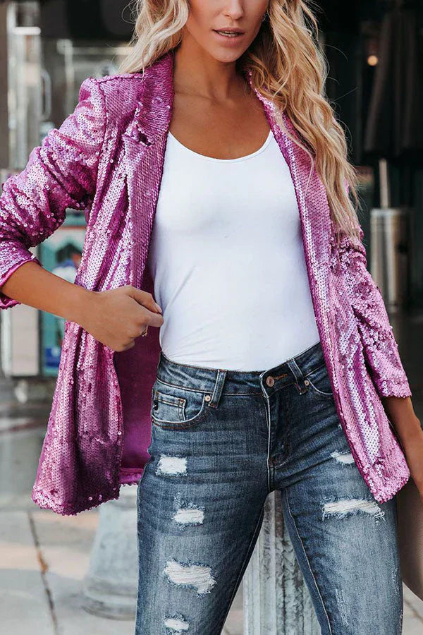 GR | Women's Sequin Blazer with Long Sleeves and Lapel
