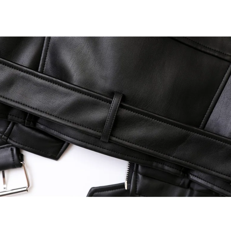 GR | Women's biker leather jacket with zippers and belt
