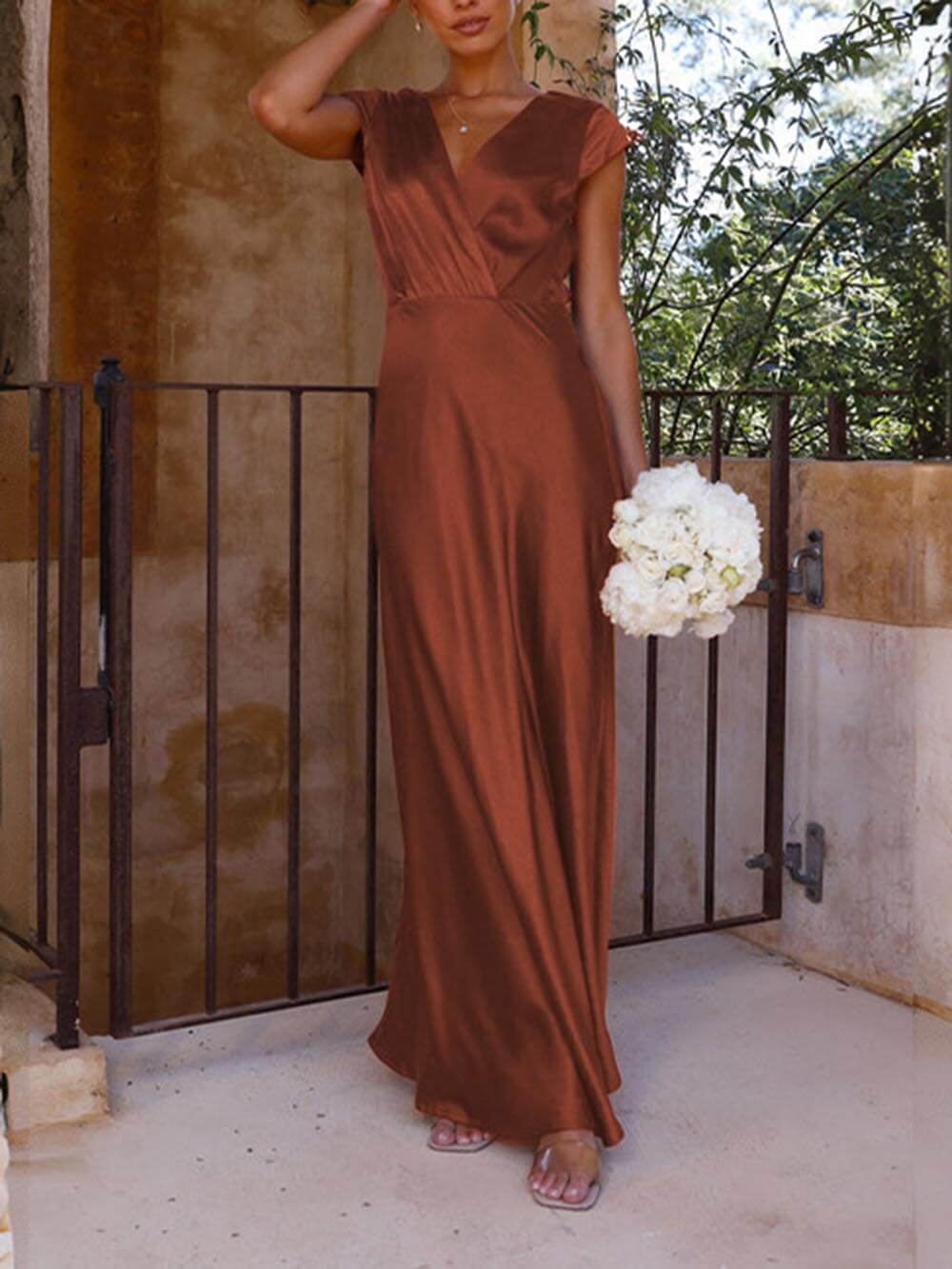 GR | Satin fishtail maxi dress with V-neck for women