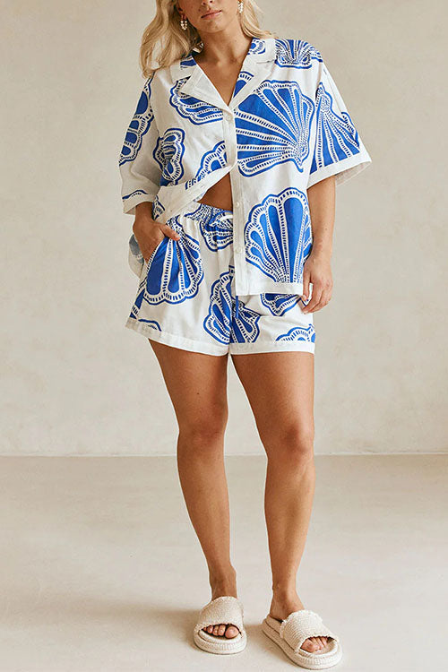 GR | Rosiedress V-neck short-sleeved shirt and shorts with drawstring waist, shell print set