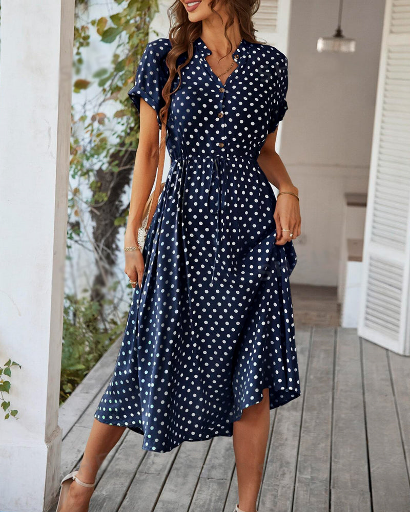 GR | Punkte-Muster Kleid mit Bindeband und Knöpfen