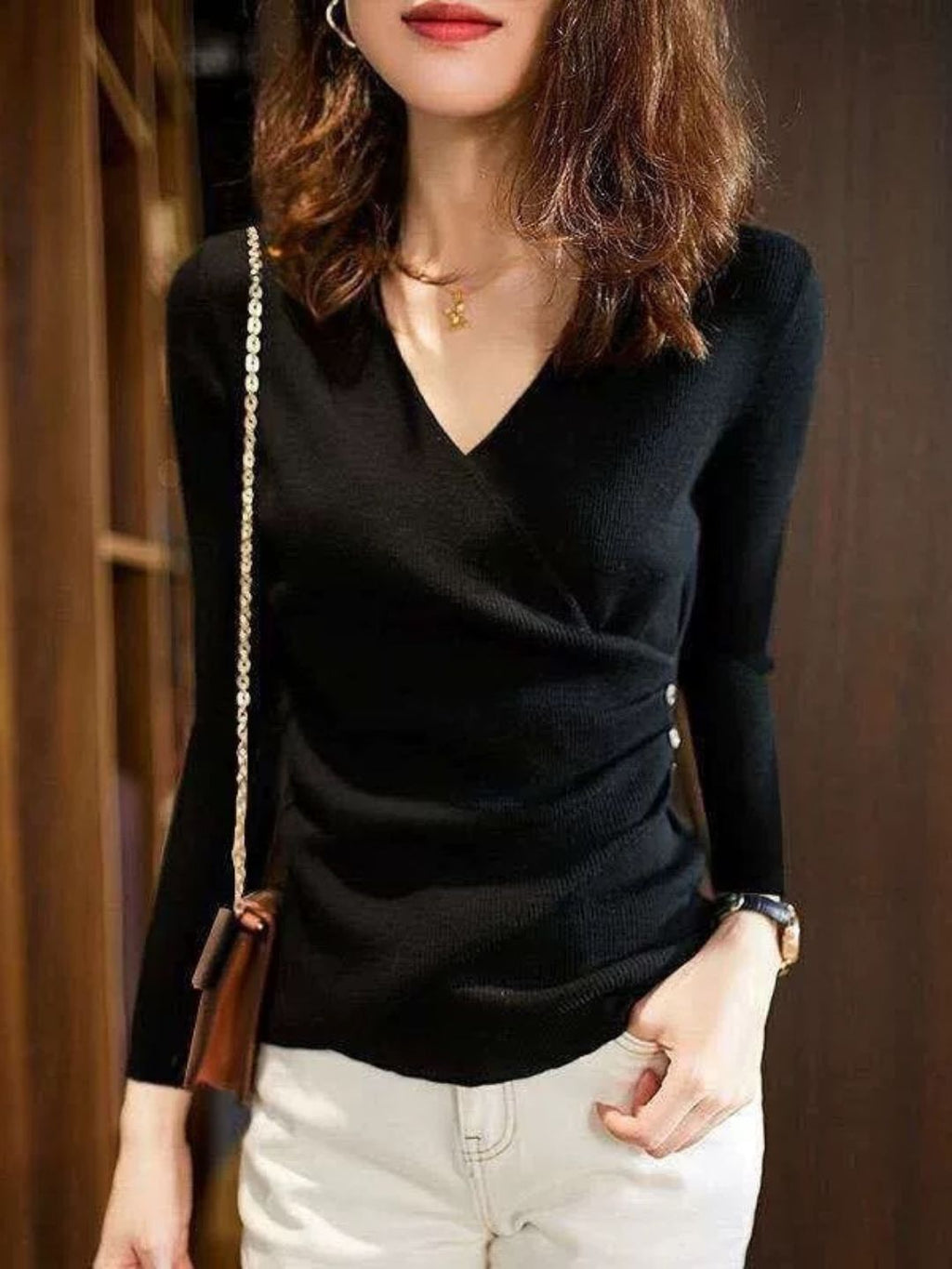 GR | Casual V-neck solid color knit top green 