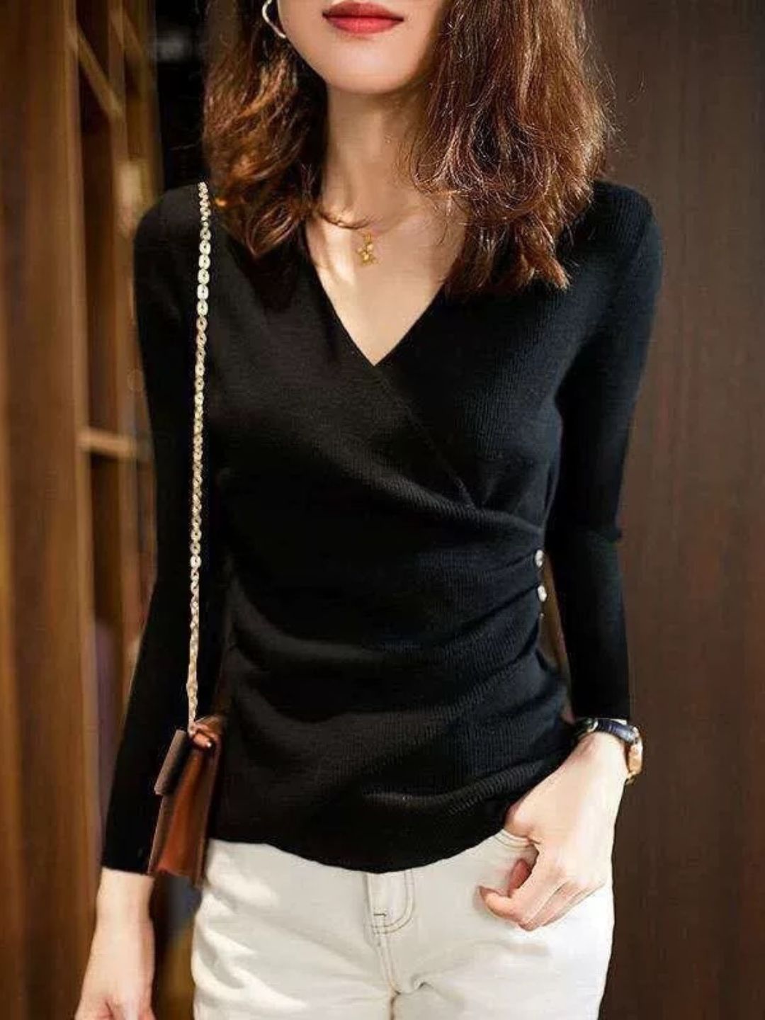 GR | Casual V-neck solid color knit top green 