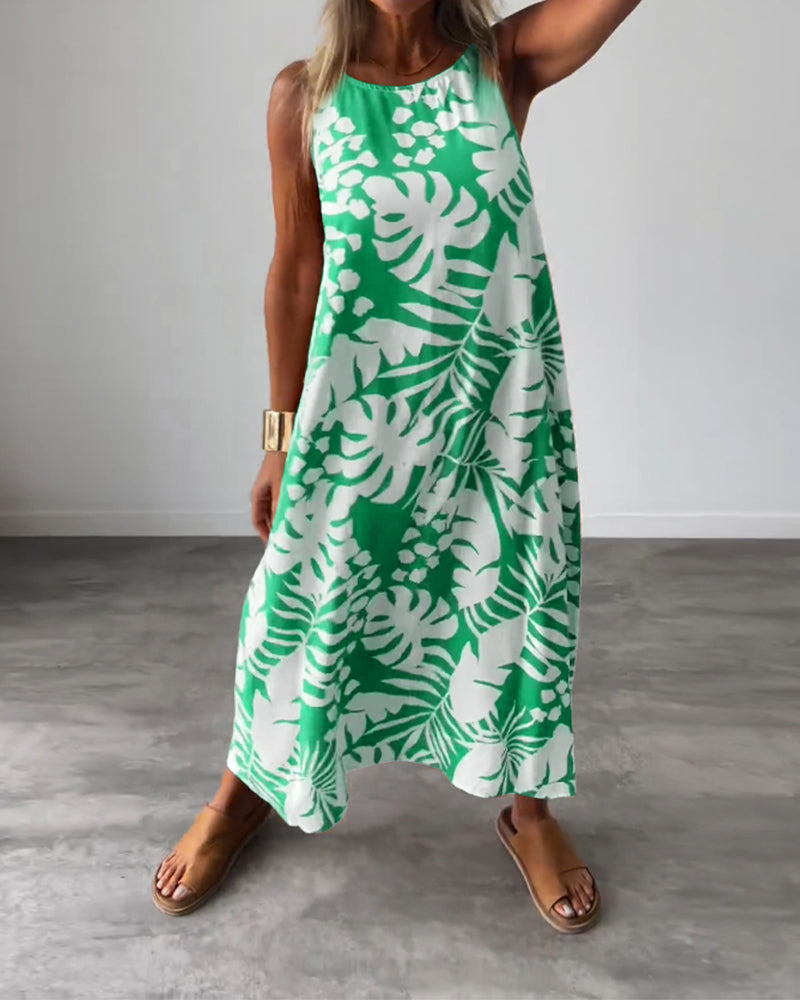 GR | Lässiges, Ärmelloses Kleid mit Blattmuster