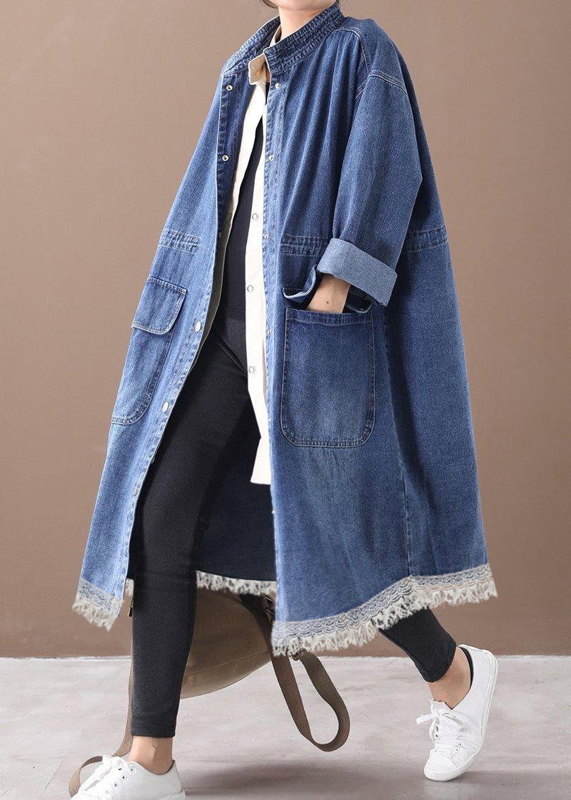 GR | Denim Blue Plus Size Trench Coat with Drawstring