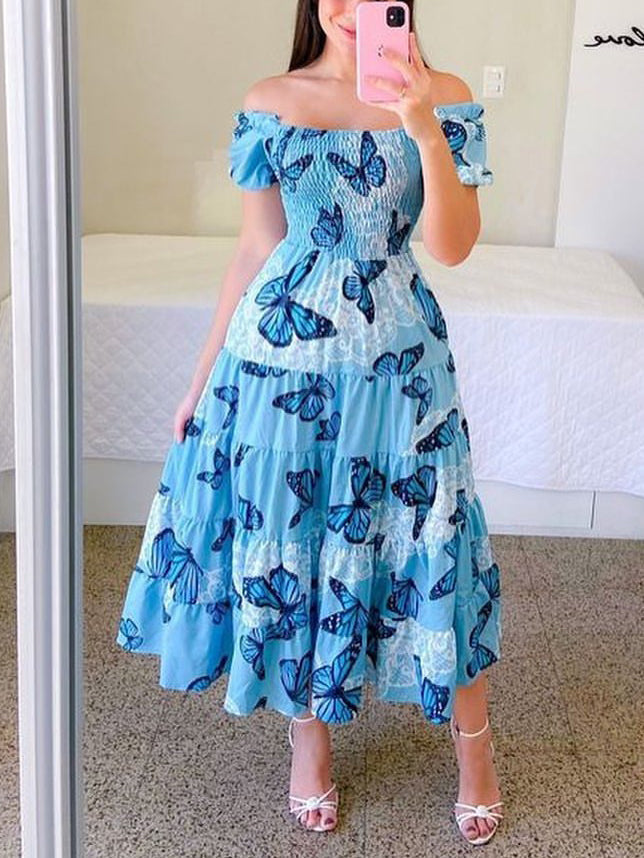 GR | Mode Kurzärmelig Bedruckt Ausgestelltes Midi Kleid