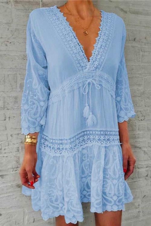 GR | Rosiedress V-neck lace trim tassel flowing dress