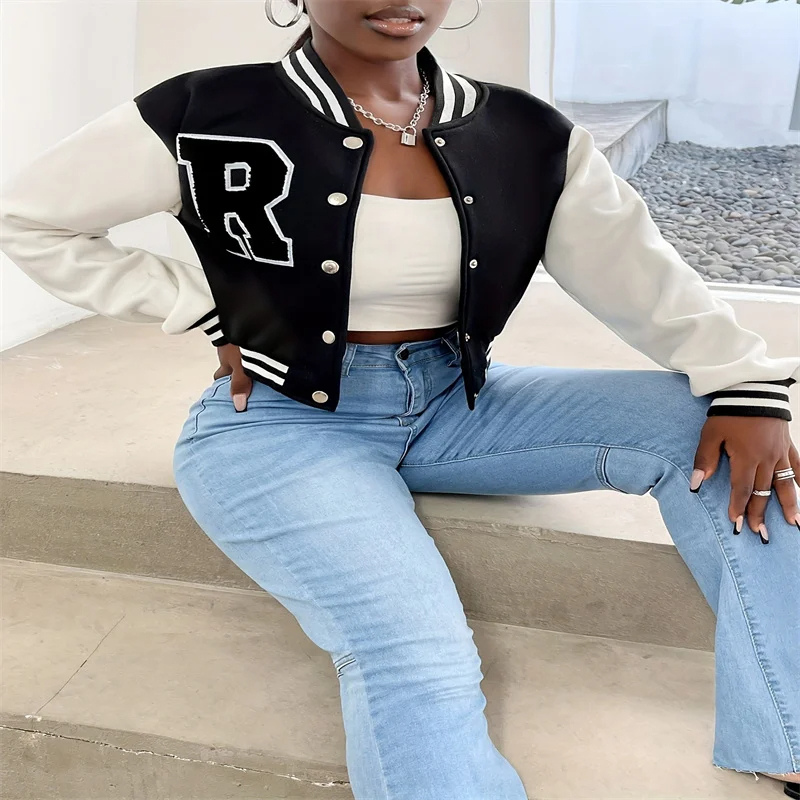 GR | Varsity Bomber Jacket for Women, Short Model with Letter Patch and Snap Button Closure