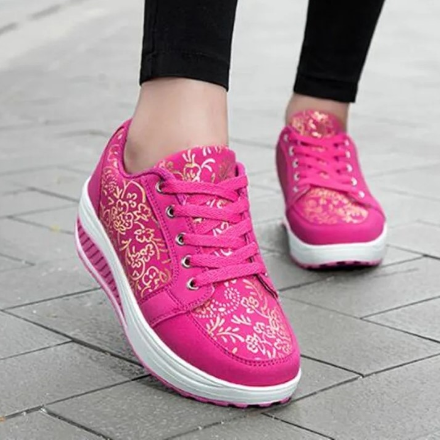 GR | Black Leather Orthopedic Women's Sneakers with Floral Pattern