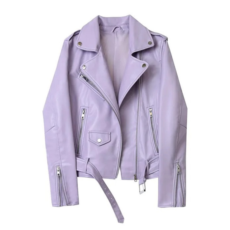 GR | Women's biker leather jacket with zippers and belt