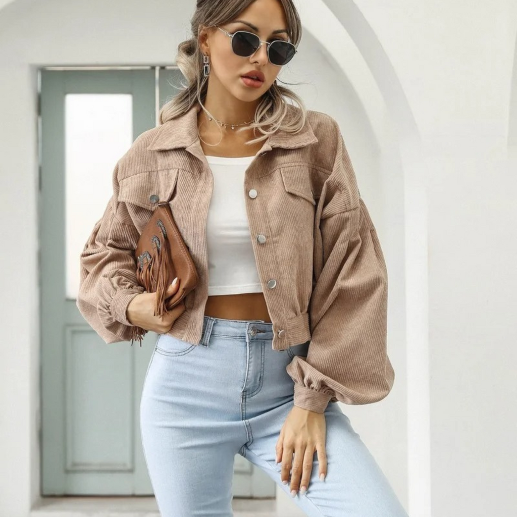 GR | Velvet corduroy lantern sleeve cropped jacket