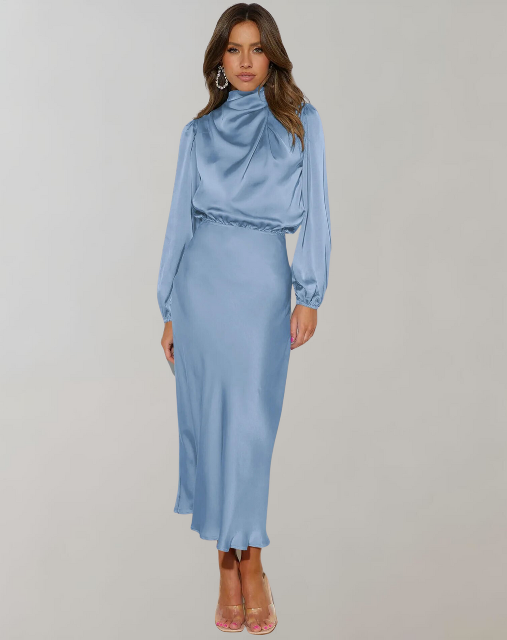 GR | Classic Satin Dress with High Collar and Long Sleeves for Women