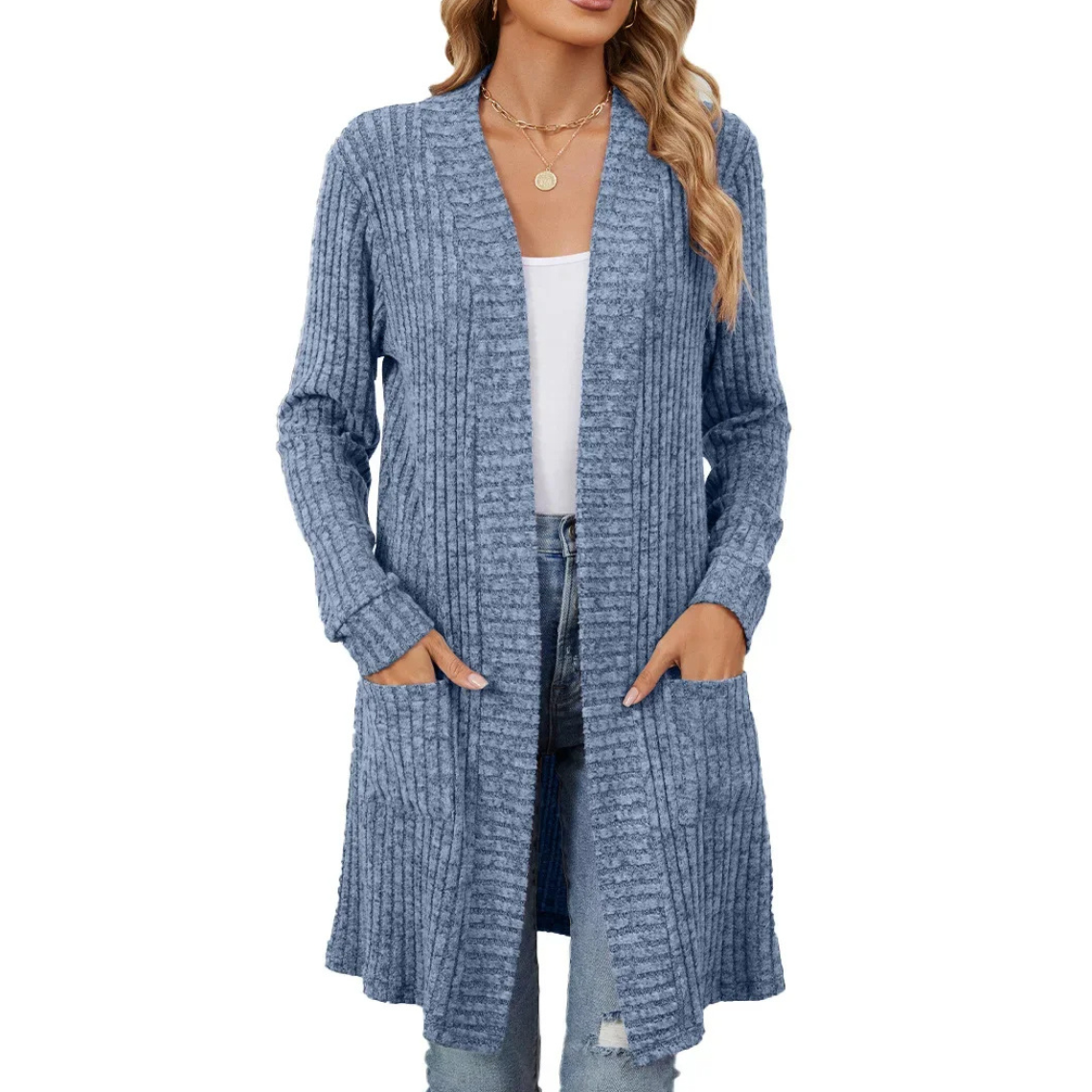 GR | Lange Strickjacken Damen Gerippte Offene Vorderseite Jacke mit Taschen