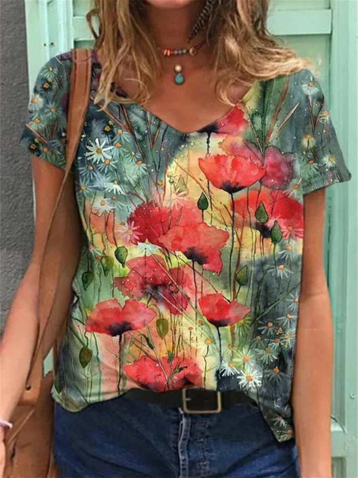 GR | Shirt Mit V-ausschnitt Malerei Blumenkunst