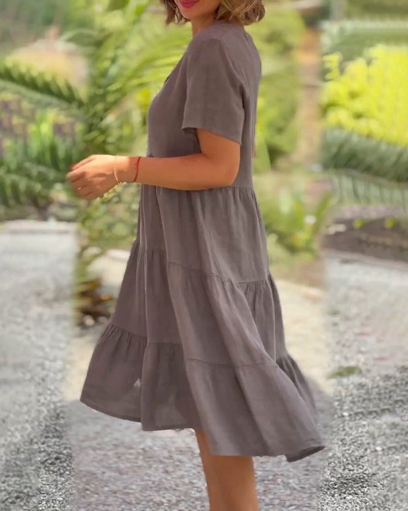 GR | Plain cotton-linen dress with V-neck