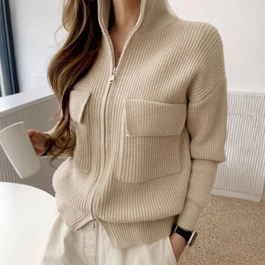 GR | Beige solid color long-sleeved high-neck pullover